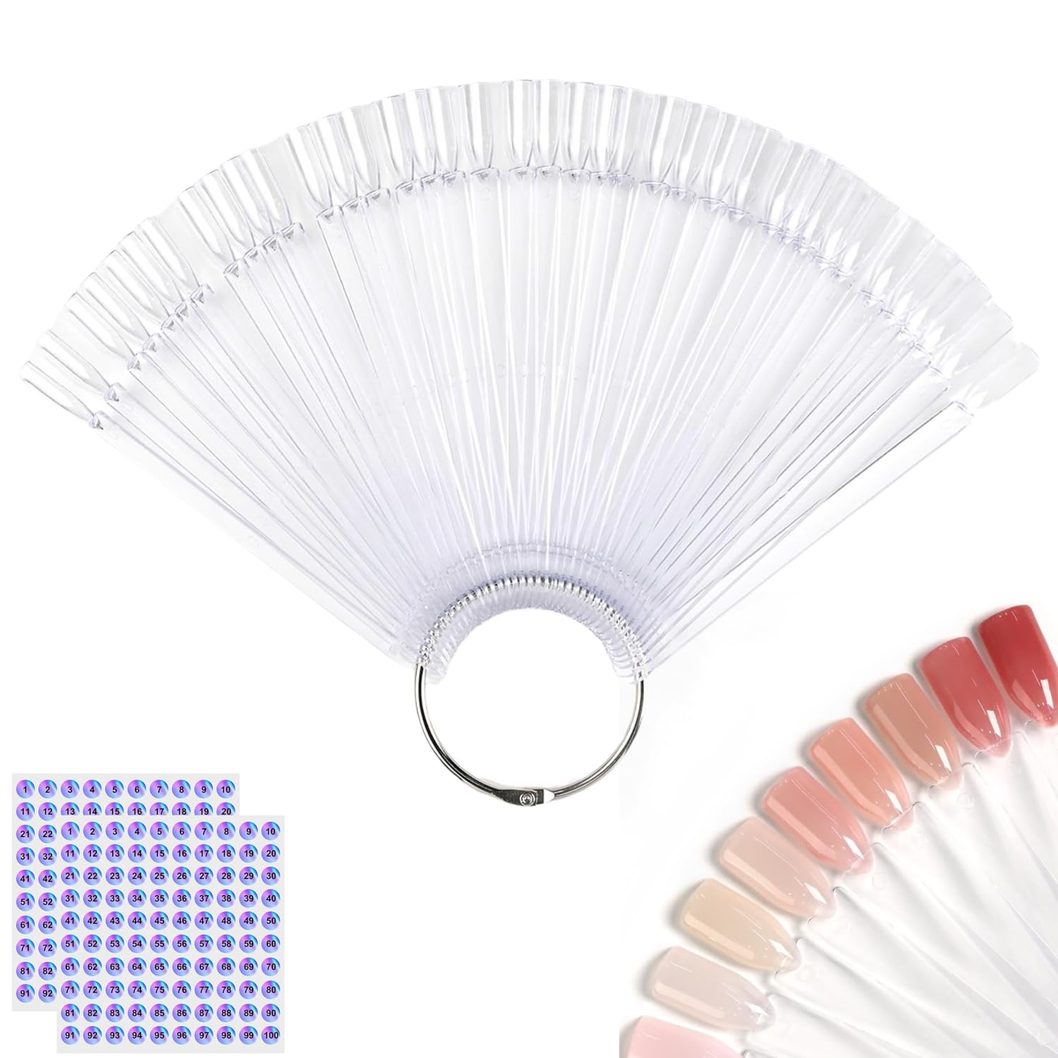 Nail Color Swatches Sticks with Ring, 50Pcs Clear Fan Shape Nail Art Polish Display Tips with Number Stickers False Nail Sample Sticks, Transparent nail Practice-Tips for Manicure