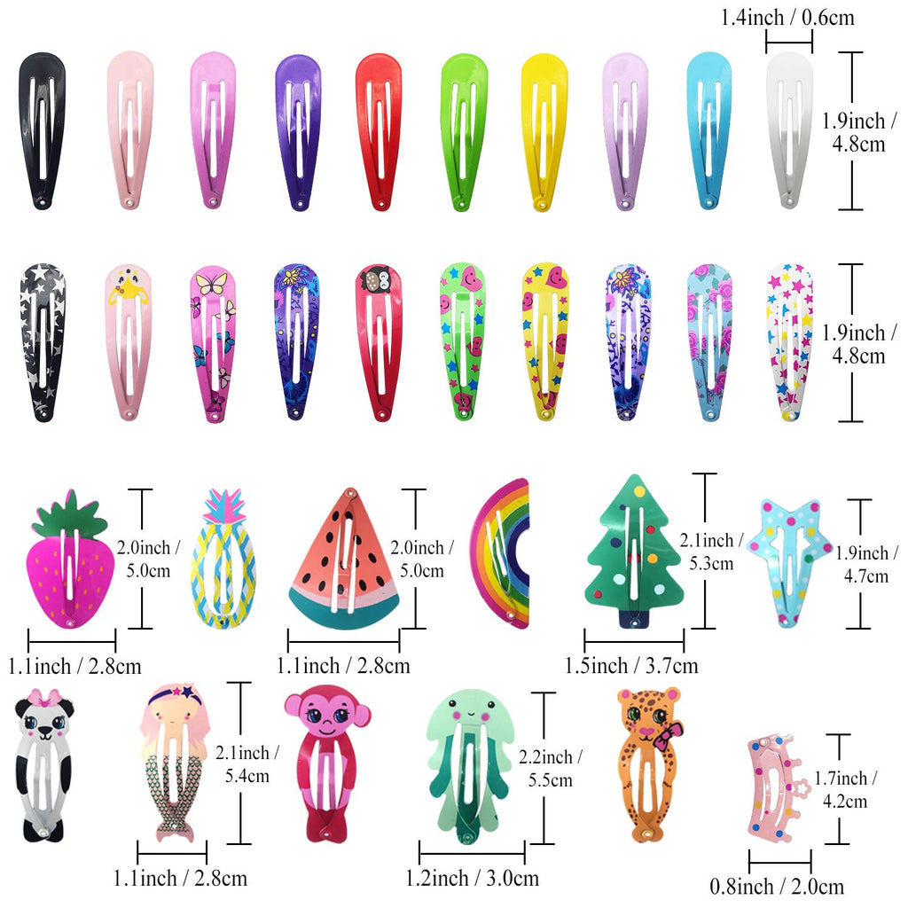 Funtopia Hair Clips For Girls,100 Pcs No Slip Metal Snap, Barrettes For Kids Teens Women, Cute Candy Color Cartoon Design Hair Pins (Animals Fruits Crowns Stars)