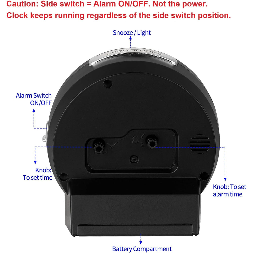 Tinload 4.3" No Ticking Analog Alarm Clock,Silent Readable For Seniors,Easy To Set,Gradual Rise Alarm,Big Numbers,On/Off Switch On Side,Gentle Wake,Snooze,Lighted On Demand,Battery Operated,Black