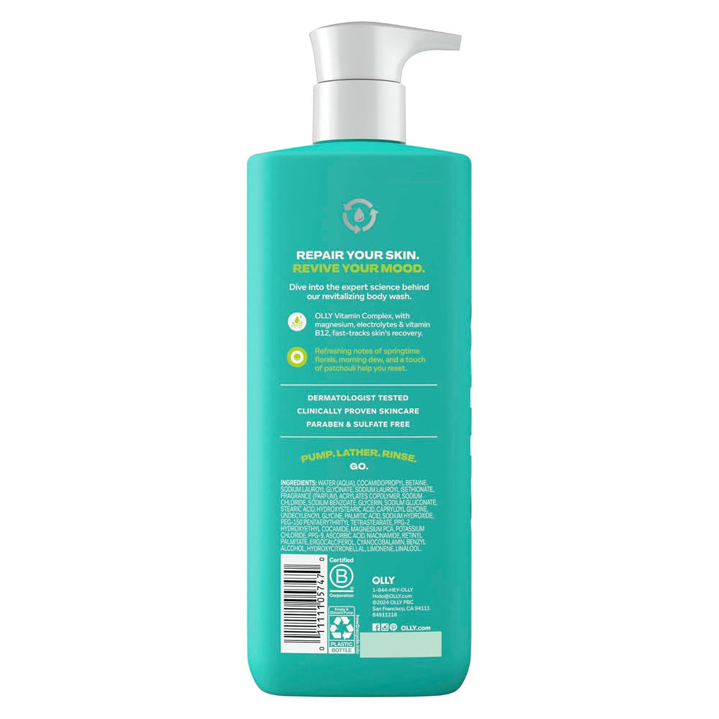 Olly Revive Body Wash With Magnesium, Electrolytes & Vitamin B12– Nourishing Cleanser For Skin Barrier Repair, Deep Hydration, Refreshing Nerolidew Scent, 17 Oz
