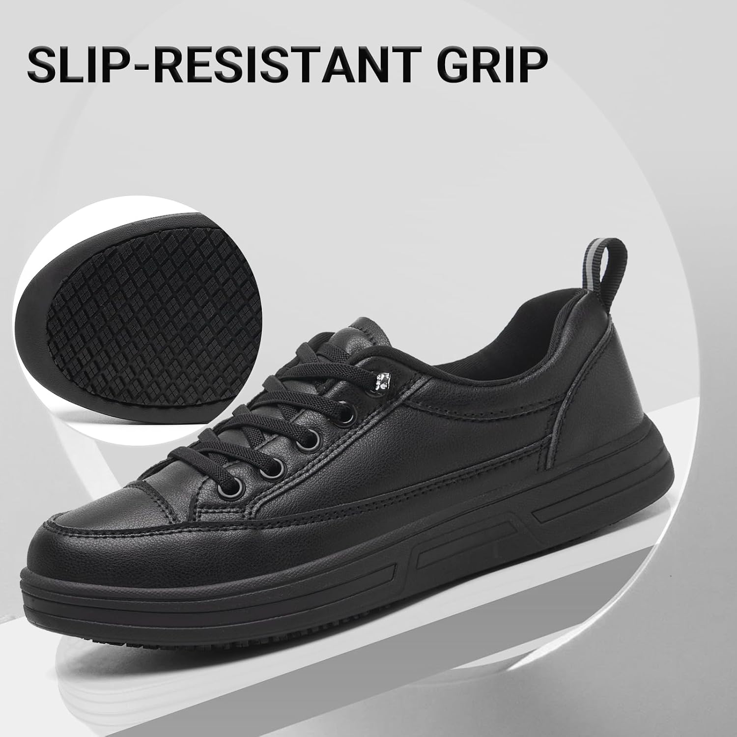 Treesky Black Slip On Non Slip Work Shoes For Women, Faux Leather Sneakers | Slip Resistant Soles, Water Resistant Faux Leather, Wipe Clean, Eva Cushioning, No-Tie Slip-On, For Kitchen & Food Service