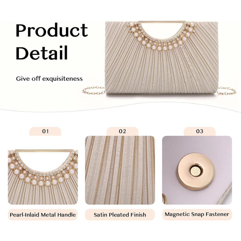 Emprier Pleated Satin Clutch For Women, Elegant Evening Bag Fits Large Smartphones, Formal Wedding Purse With Chain
