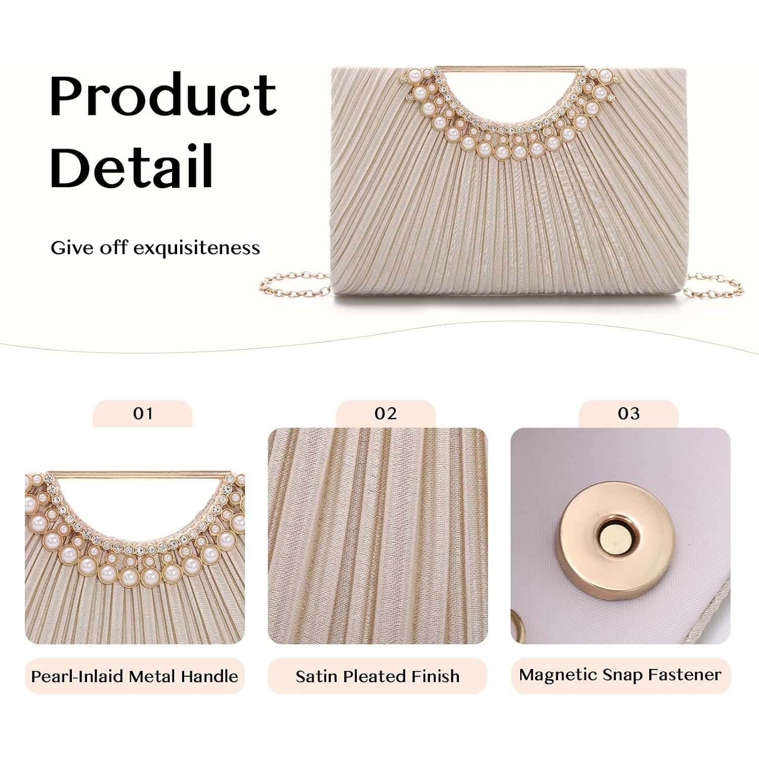 Emprier Pleated Satin Clutch For Women, Elegant Evening Bag Fits Large Smartphones, Formal Wedding Purse With Chain