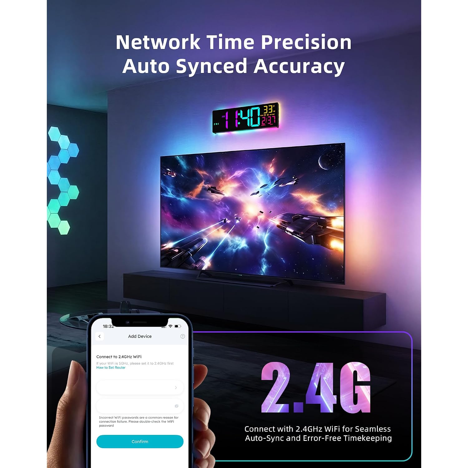 Easyera Smart Digital Wall Clock With App Control, 16.5” Large Rgbic Wall Clock With Multiple Diy Color And Music Sync, Led Display, Auto Dst, Plug-In Clocks For Classroom Home Gym Gaming