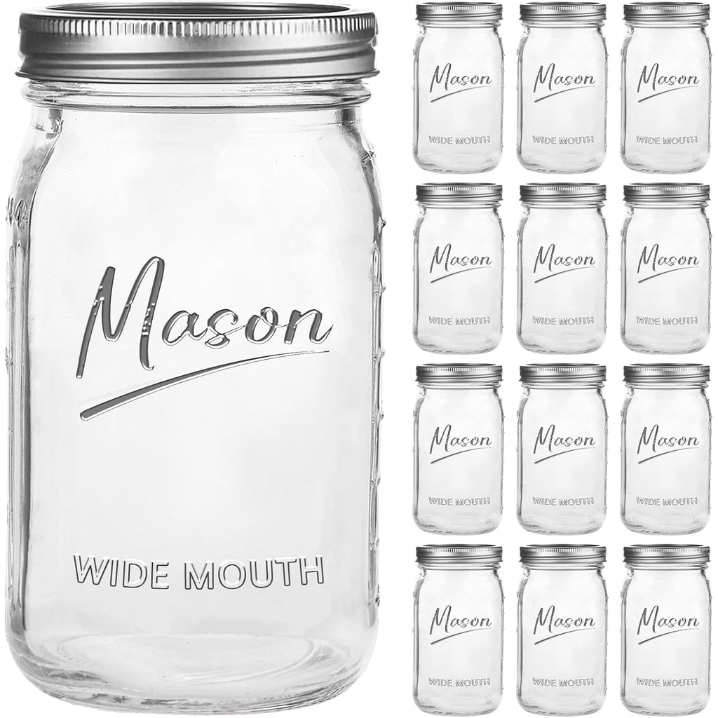 Mason Jars 32 oz,12 Pack Quart Wide Mouth Mason Jar With Airtight Lids,Glass Canning Jars for Fermenting, Pickling,Meal Prep,Overnight Oats & Centerpieces