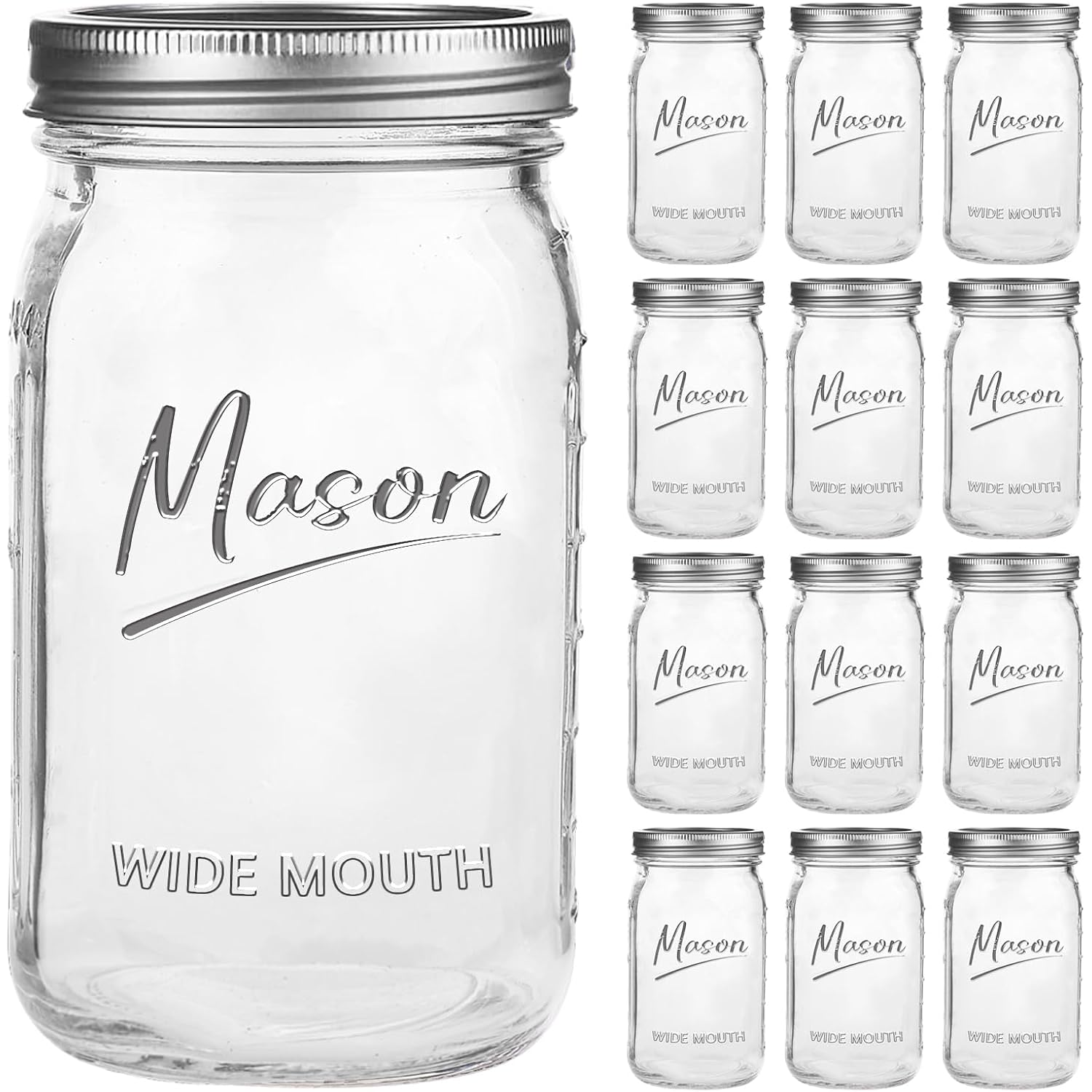 Mason Jars 32 oz,12 Pack Quart Wide Mouth Mason Jar With Airtight Lids,Glass Canning Jars for Fermenting, Pickling,Meal Prep,Overnight Oats & Centerpieces