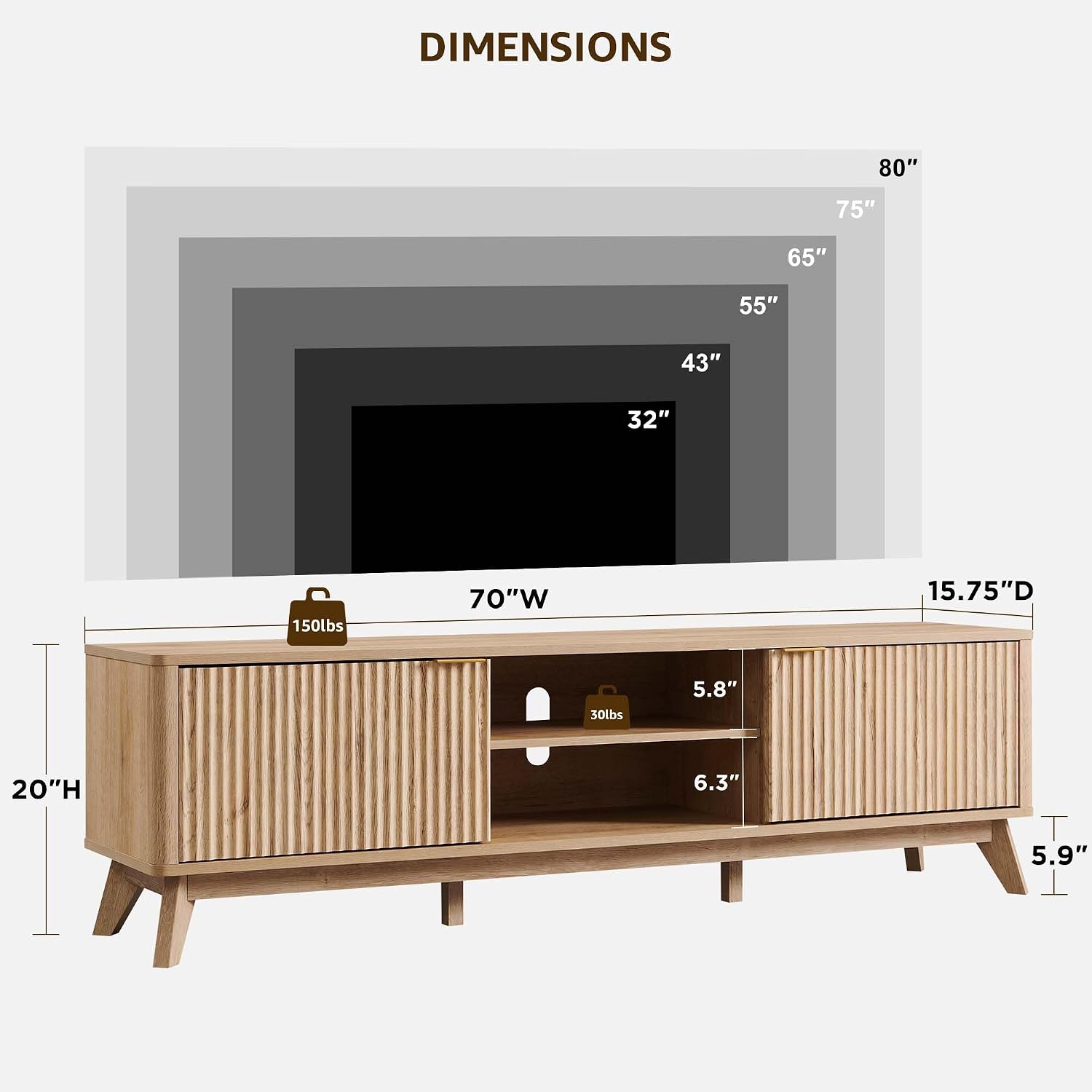 Okd 70" Mid Century Modern Fluted Tv Stand W/ 2 Soft Close Door,Natural Oak | Entertainment Center, Sideboard, Media Console For Living Room With Adjustable Shelves