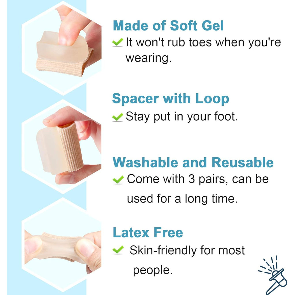 Povihome 6 Pack Gel Toe Spacer Separators(0.6'' Thick), Bunion Corrector for Overlapping Toe (1st/2nd Toe), Silicone Toe Spacers with Soft Gel Lining for Hallux & Bunion Pain Relief