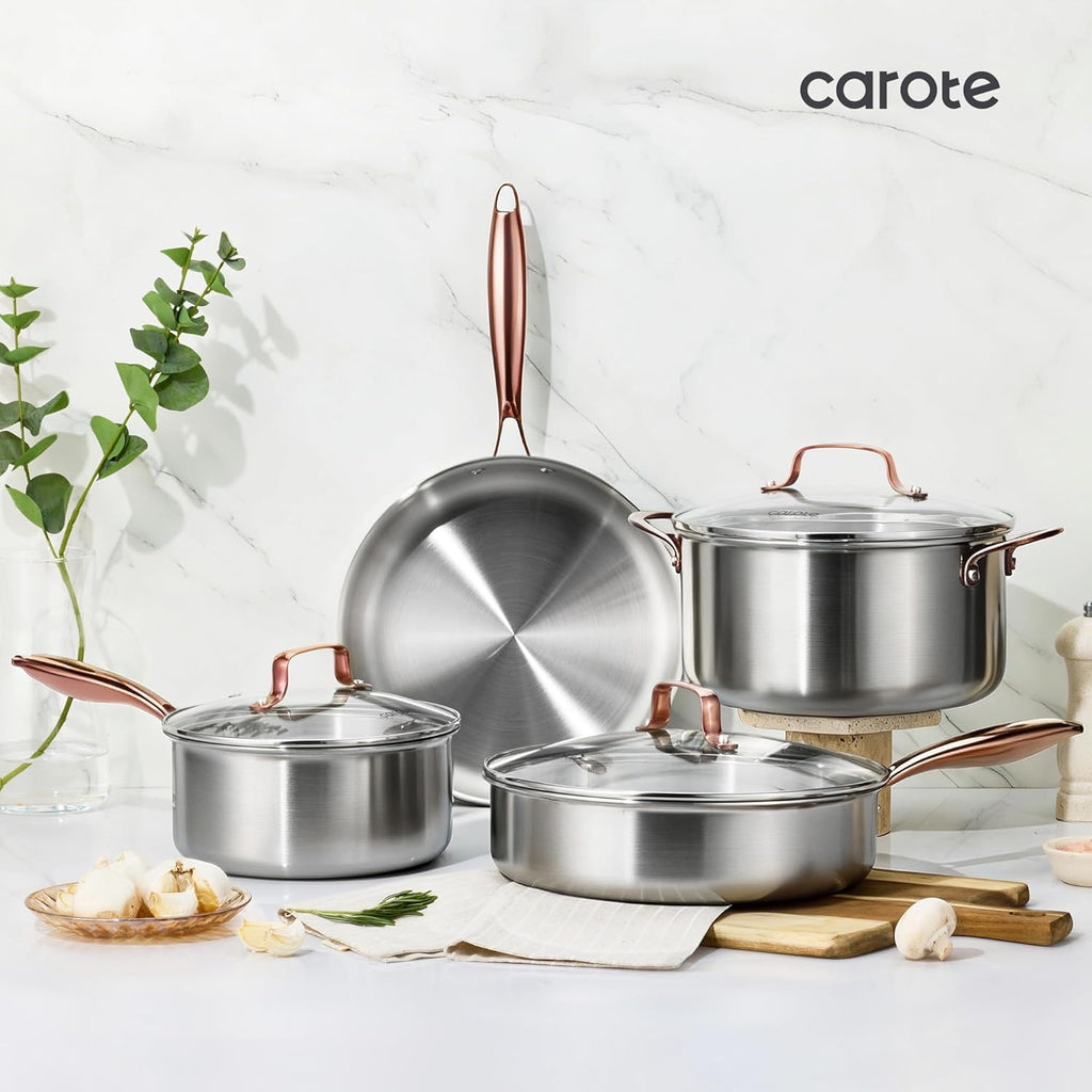CAROTE 3-Piece Tri-Ply Stainless Steel Frying Pan Set, Skillet Set 8"/10"/12", Induction Compatible, Oven & Dishwasher Safe, Gold Handle, Mothers Day Gifts