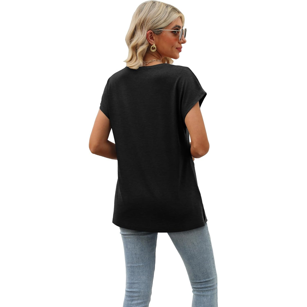 Womens Summer Tops 2026 Cap Sleeve Trendy V Neck Loose Fit T Shirts