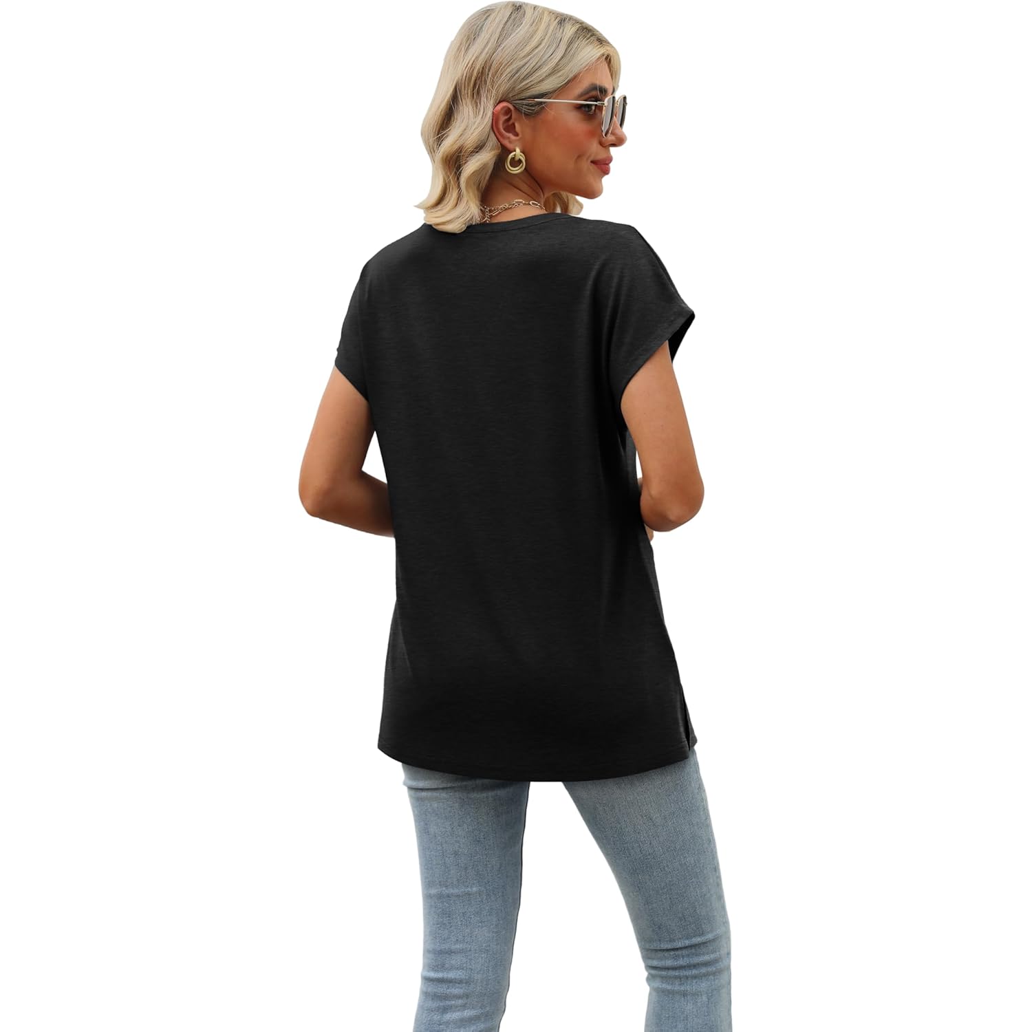 Womens Summer Tops 2026 Cap Sleeve Trendy V Neck Loose Fit T Shirts