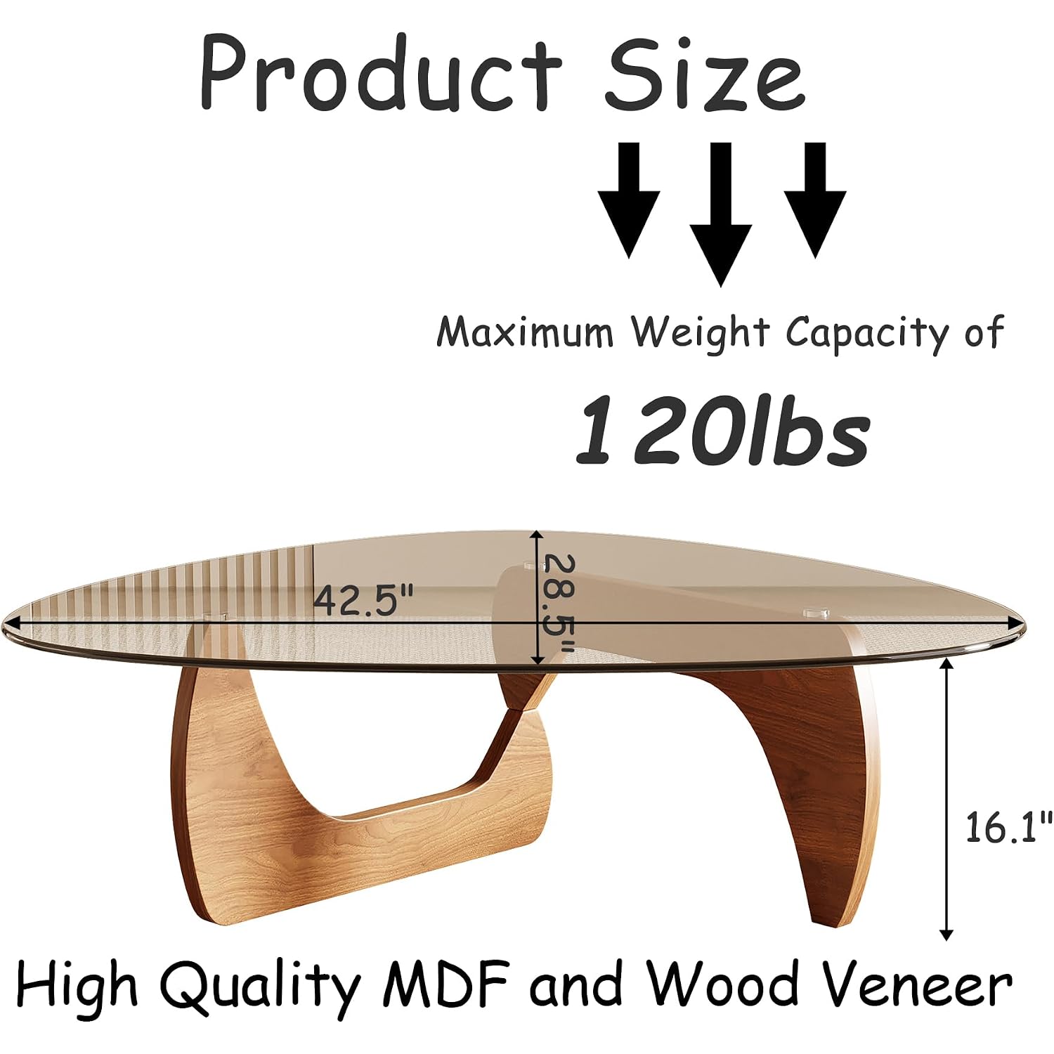 Morden Coffee Table, 42.5" X 28.5" X 16.1" Triangle Tempered Glass Top For Living Room, Color: Natural Wood