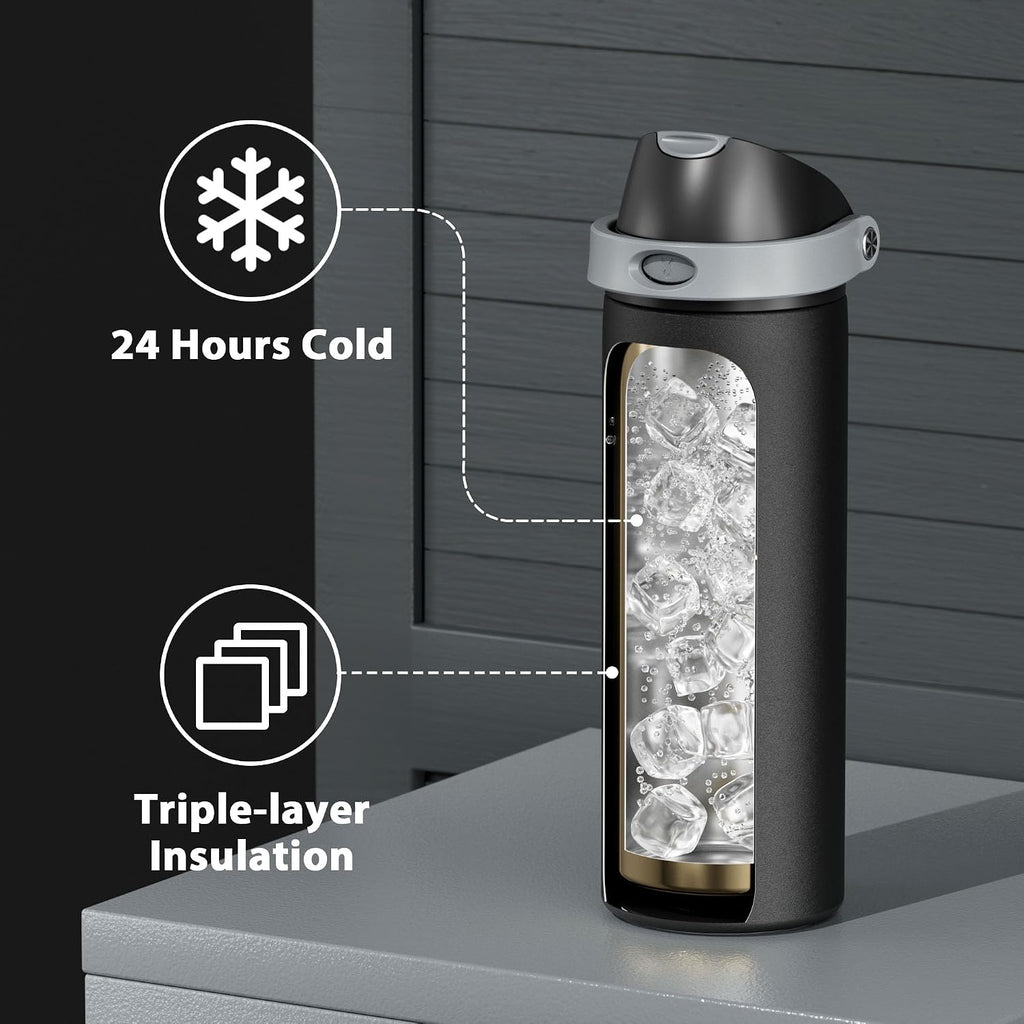 24 Oz Insulated Water Bottle For Sports: Meoky Stainless Steel Water Bottle With 2-In-1 Straw And Spout Lid - Leak Proof, Cold For 24 Hours, Fits In Car Cup Holder, Bpa-Free For Travel Gym, Night