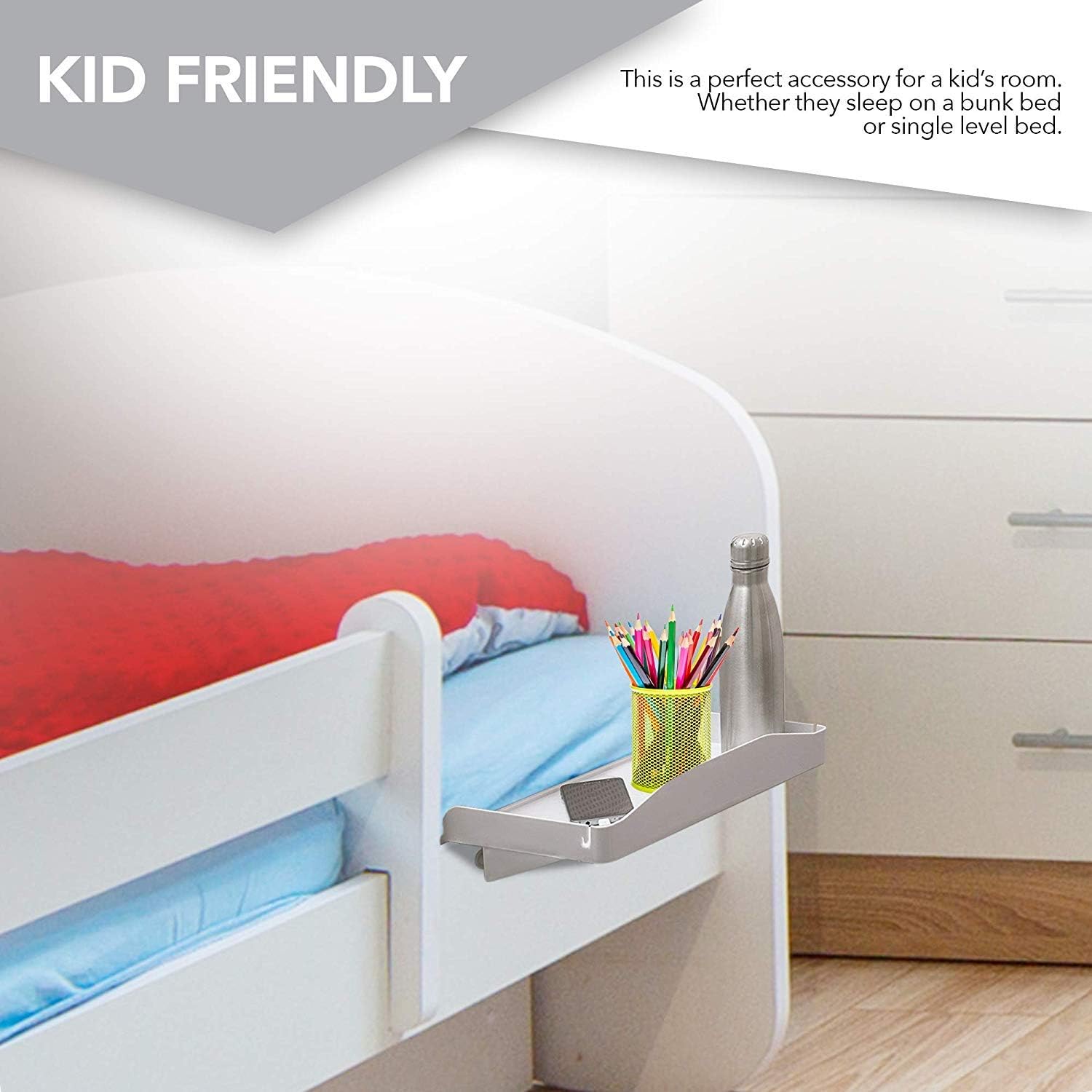 Modern Innovations Bedside Shelf For Bed, College Dorm Room, Bunk Bed Shelf/Caddy For Top Bunk, Clip On Nightstand Tray With Cord And Cup Holder For Table Storage (White)