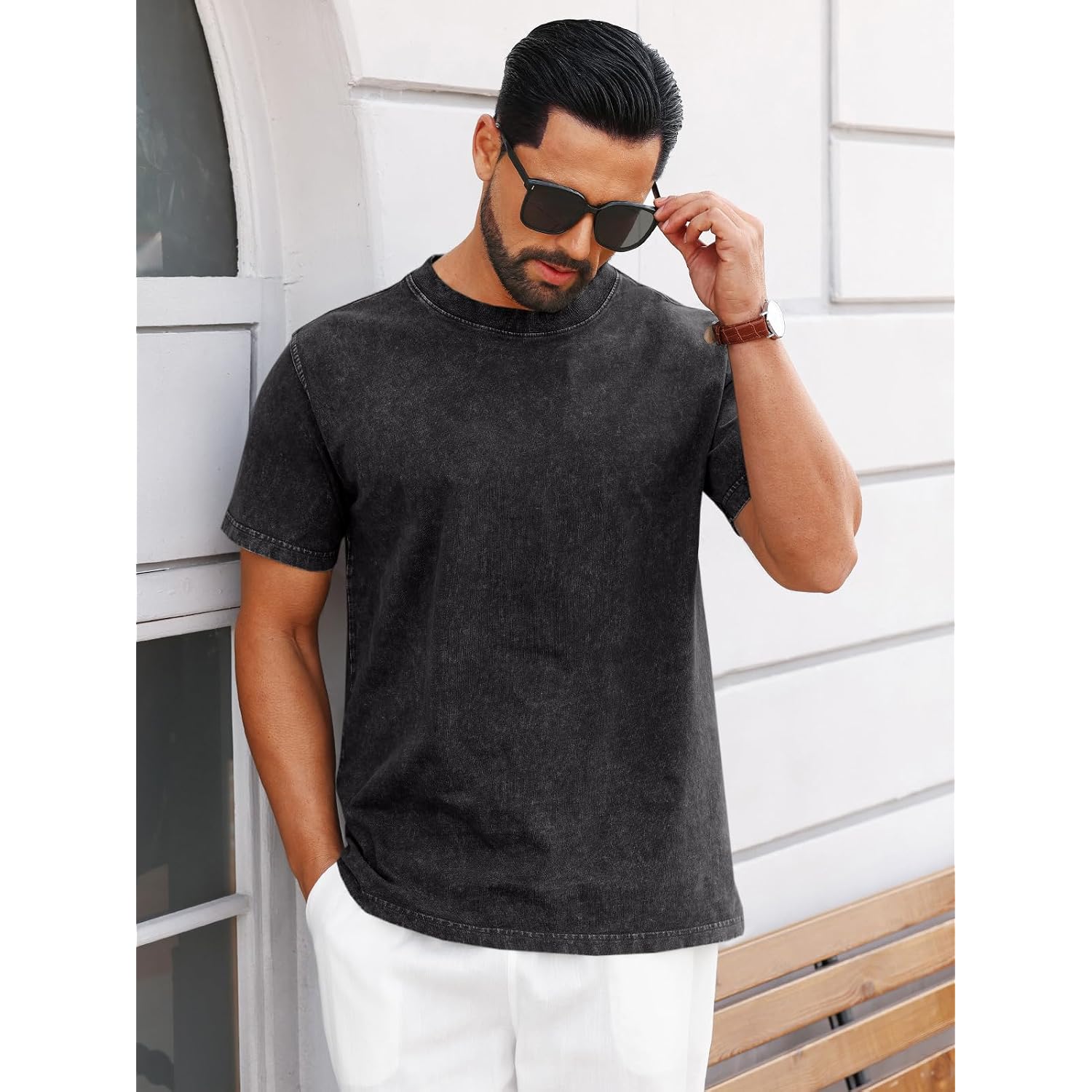 Runcati Mens Short Sleeve T-Shirts 100% Cotton Crew Neck Casual Shirt Vintage Acid Wash Summer Fashion Tees