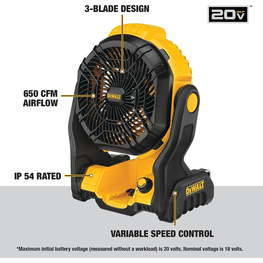 Dewalt 20V Max Portable Fan, Battery Powered Rechargeable Cordless Shop Fan, Up To 4.5 Hrs Runtime, Variable Speed, 650 Cfm, Tool Only (Dce512B)
