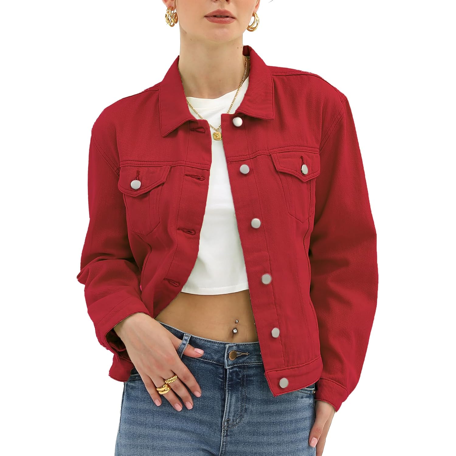 Women Denim Jacket Button Up Long Sleeve With Inner Pockets