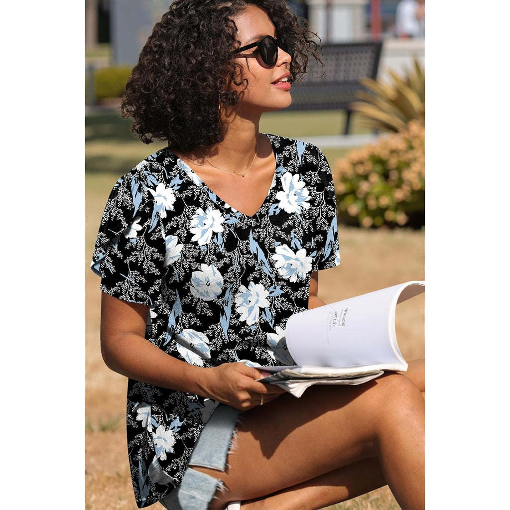 CATHY 2026 Women Tops Summer Short Sleeve Tunic V Neck T-Shirts Loose Casual Floral Blouse S-4XL