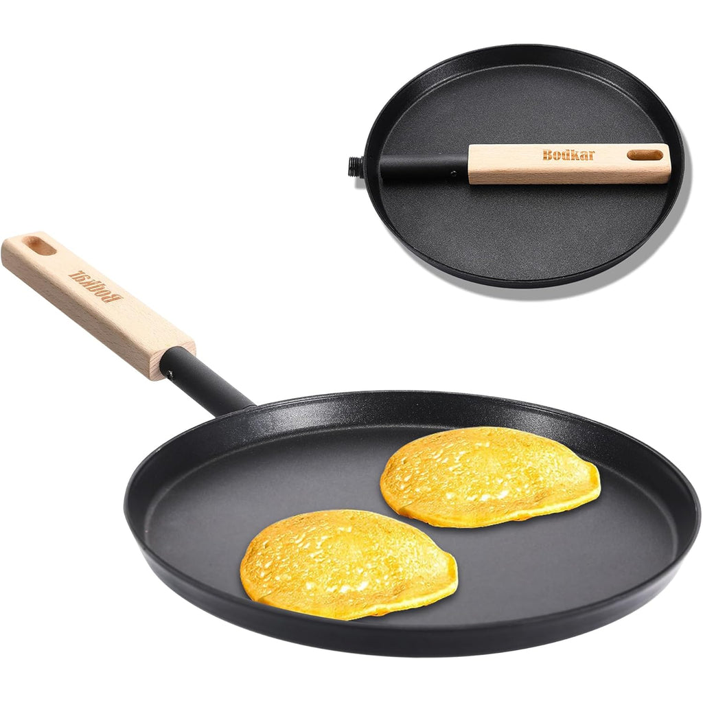 bodkar Frying Pan Skillet 8-inch Flat Griddle Pan, Lightweight Small Grill Pan with Wooden Handle for Camping Indoor Outdoor Cooking