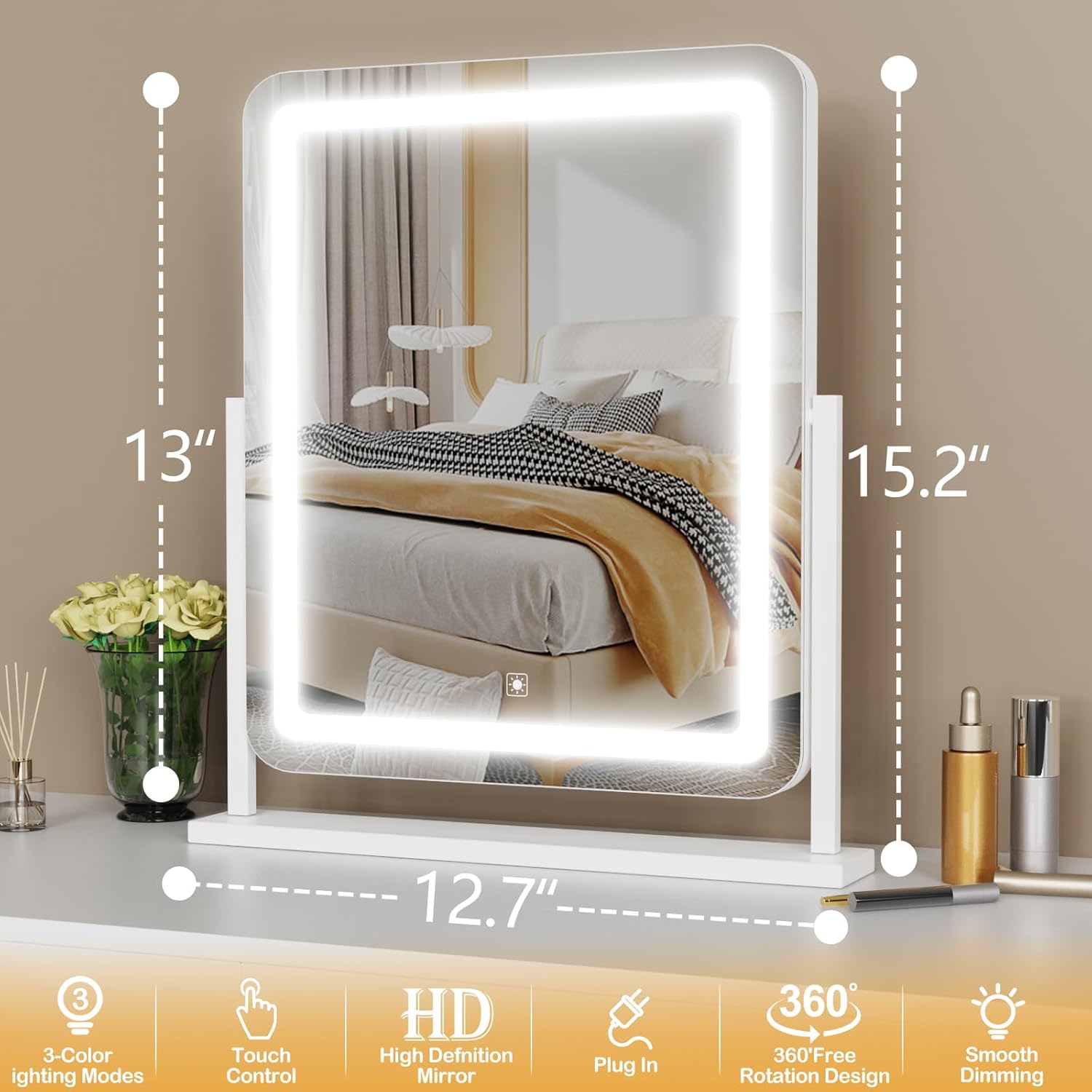 Gvnkvn Vanity Mirror with Lights, 17.3’’ LED Makeup Mirror Detachable 10X Magnification, Smart Touch Control, 3 Color Lighting Modes,360°Rotation Tabletop Make Up Mirror for Bedroom Bathroom