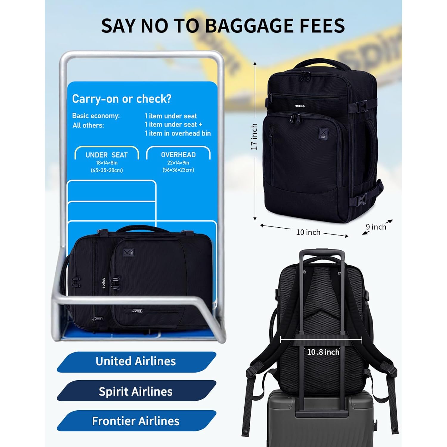 Ecohub 17" Small Travel Backpack, United Airlines Personal Item Bag 17X10X9 With 16 Pockets, Water Resistant Rucksacks Fit 15.6" Laptop, Airtag Pocket, Lightweight Casual Daypack, 25L, Black
