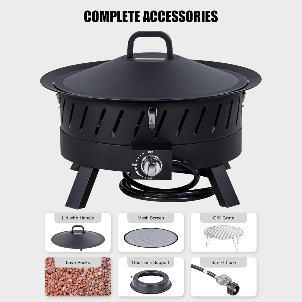 Econook 24 Inch Portable Propane Fire Pits With Grill, Gas Fire Pit Bowl For Outside With Lid & Handle, Smokeless Gas Firebowl,Propane Firepit For Camping, Patio, Yard, Garden