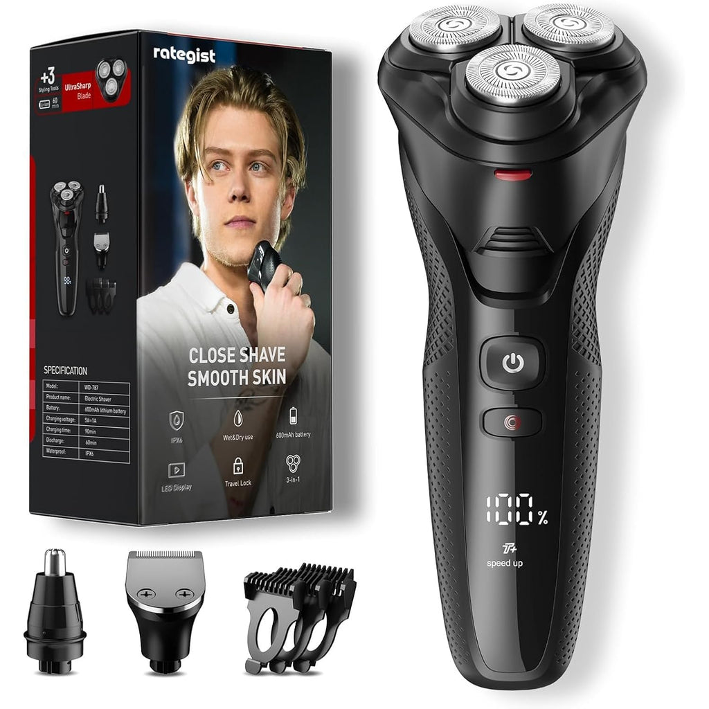 rategist 3-in-1 Electric Razor for Men: IPX7 Waterproof Electric Shavers for Men - One Touch Acceleration, Professional Results at Home - 4D Floating Blades, Travel Grooming Kit