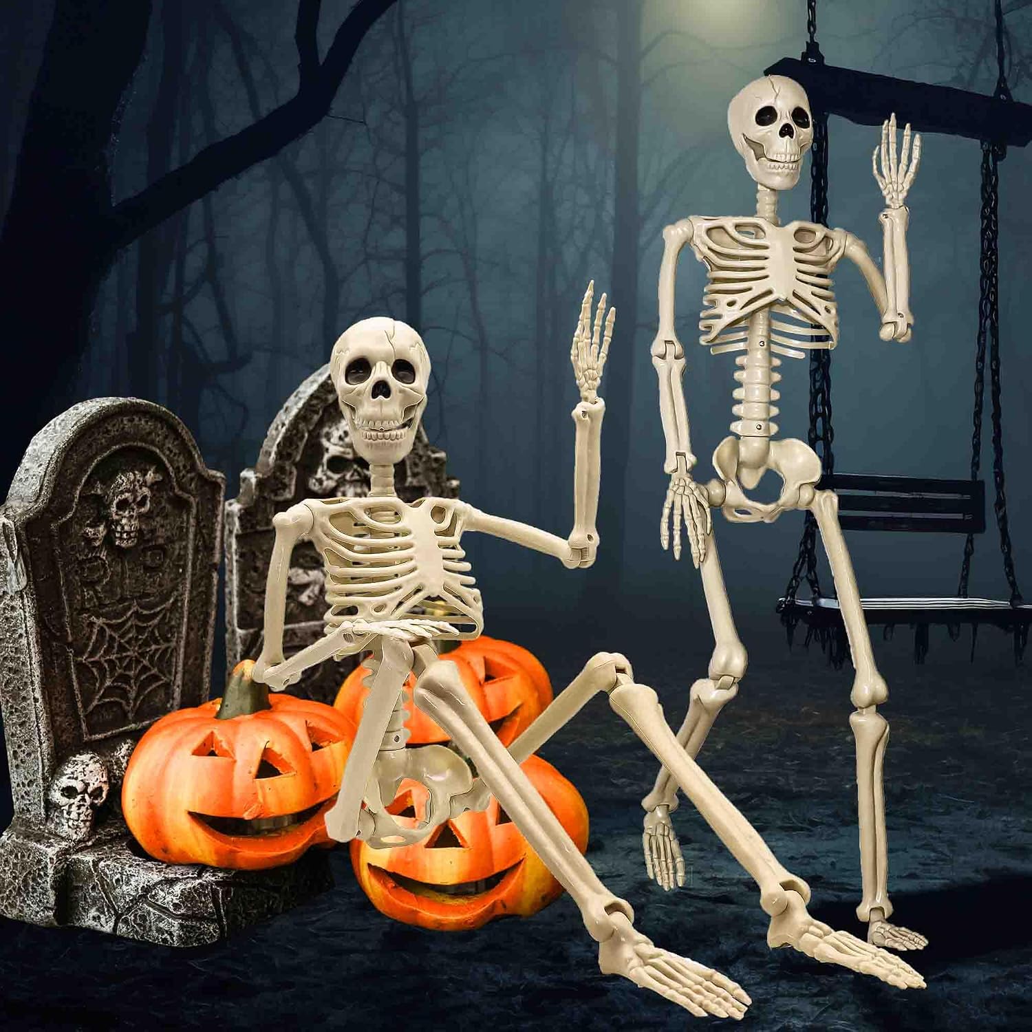 2 Pack 36"Halloween Skeleton - 3 Ft Life Size Human Skeleton With Full Body Posable Joints Plastic Skeleton For Halloween Skeletons Decor Yard Patio Lawn Garden Skeleton Props Spooky Party Decoration