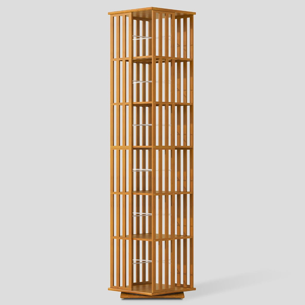 Rotating Bookshelf Tower, 360° Display Spinning Bookcase, Bamboo Bookshelf Floor Standing Storage Rack, Wood Narrow Book Shelf Organizer For Kids Adults (Walnut, 6 Tier)