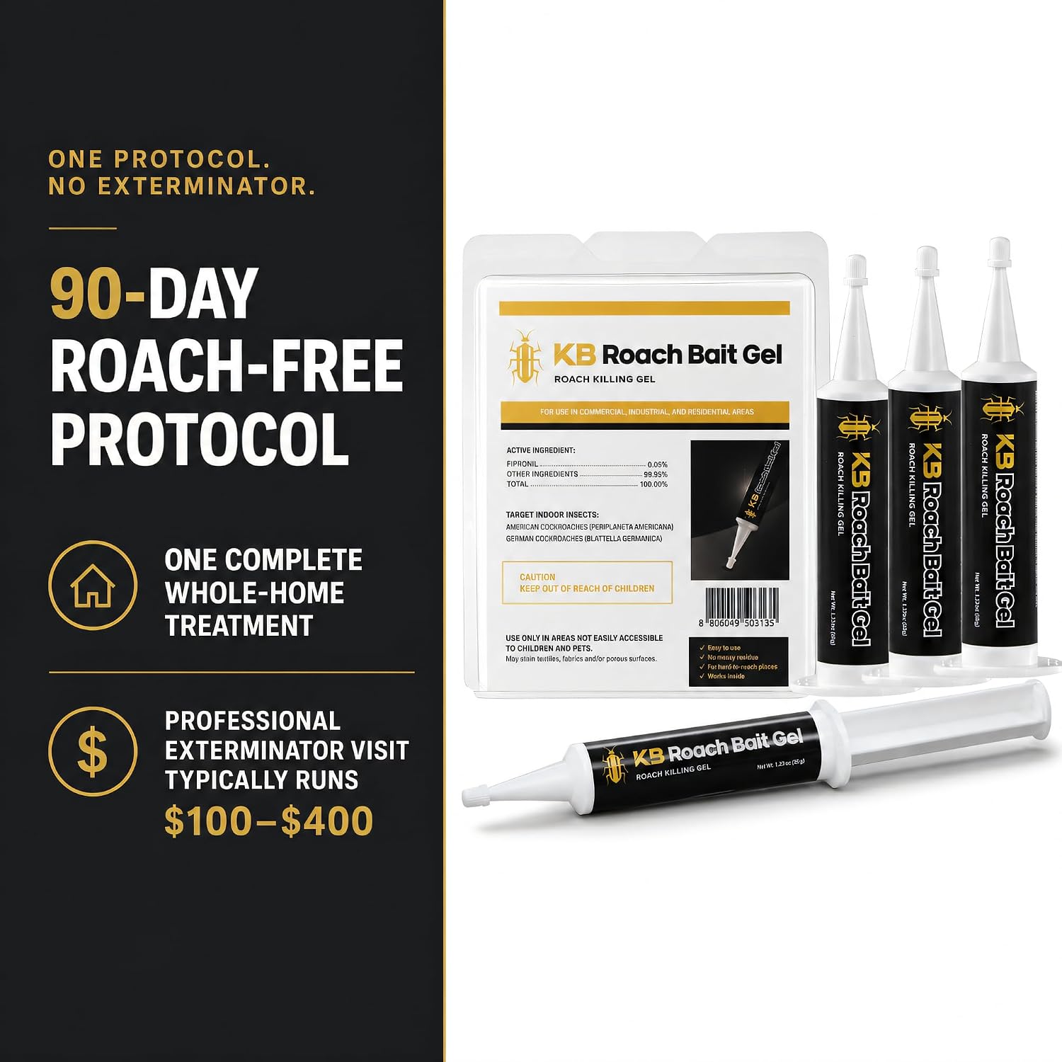 German Roach Killer Indoor Infestation For Home | 97~99% Lab-Tested Mortality In 14 Days - 0.05% Fipronil | 90-Day Whole-Home Protocol, 4 Syringes