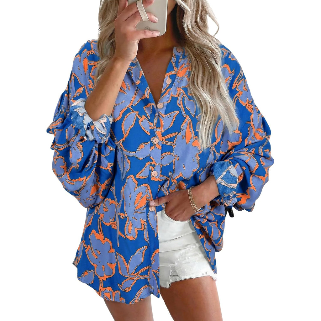 Astylish Womens 2026 Boho Floral Loose Spring Summer Tops Lantern Sleeve Flowy Blouses V Neck Button Down Shirts