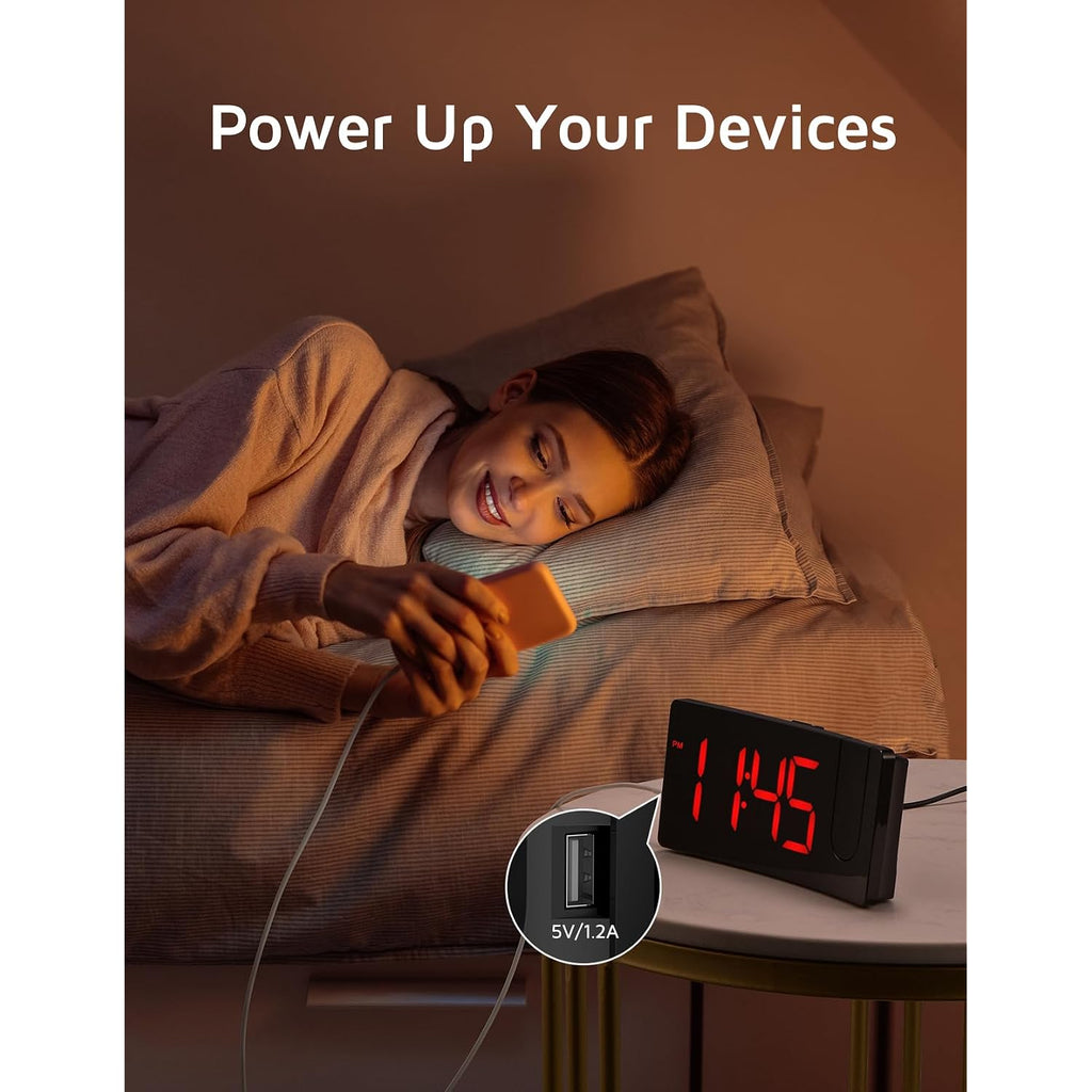 Projection Alarm Clock, Digital Clock With Modern Curved Design 180° Rotatable Projector, 3-Level Brightness Dimmer, Clear Red Led Display, Progressive Volume, 9Mins Snooze,12/24H, For Bedroom