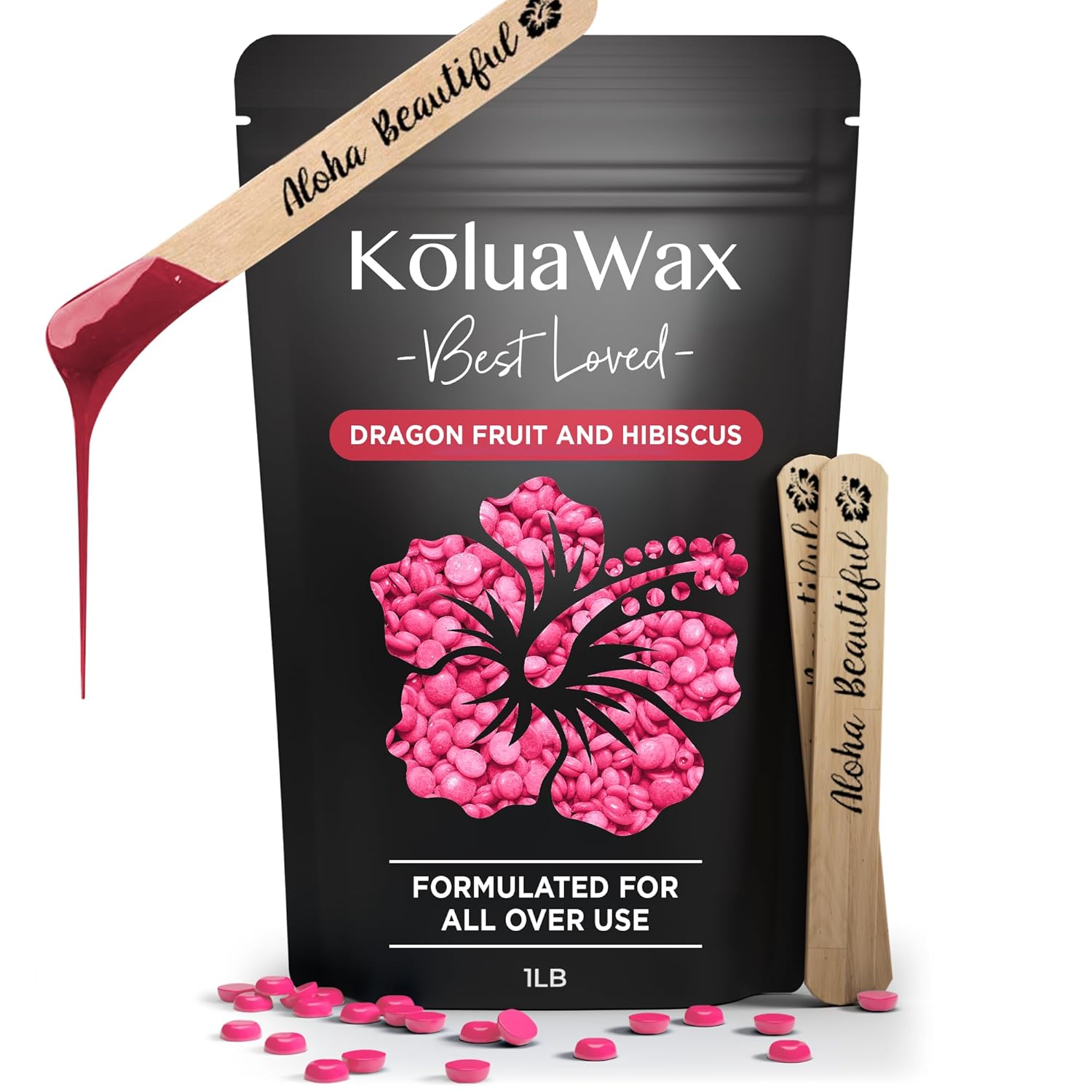 KoluaWax Hard Wax Beads for Hair Removal – Coarse Hair Formula – Face, Brazilian, Underarm, Back Chest, Bikini Waxing – Dragon Fruit & Hibiscus, 1lb Refill for Wax Warmers & 10 Applicator Sticks