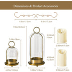 5"&4" Metal Candle Holder with Handmade Glass Dome in Brass & 2 Timer Candles, Set of 2 Versatile Hurricane Glass Candle Holders for Pillar Candles & Plants