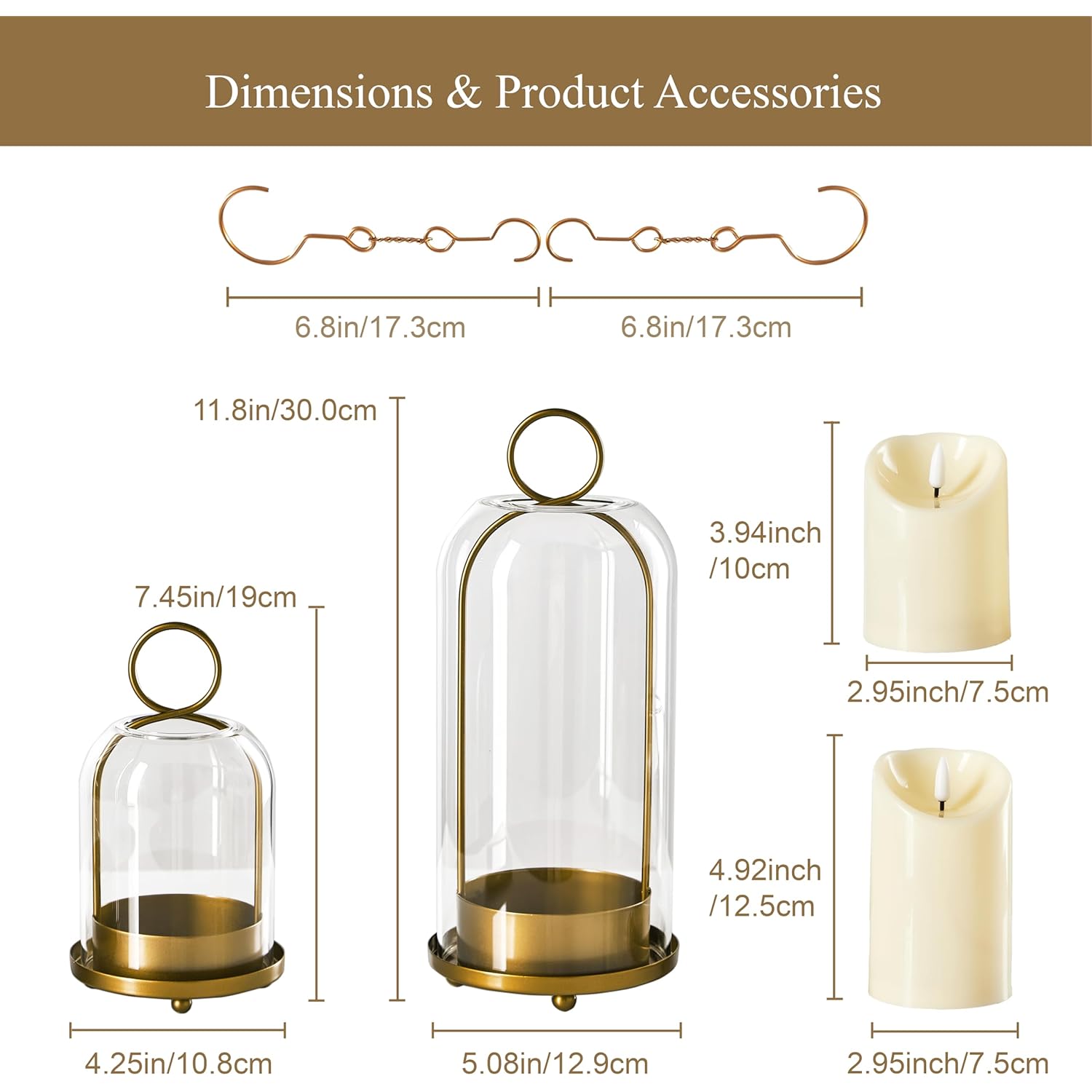 5"&4" Metal Candle Holder with Handmade Glass Dome in Brass & 2 Timer Candles, Set of 2 Versatile Hurricane Glass Candle Holders for Pillar Candles & Plants