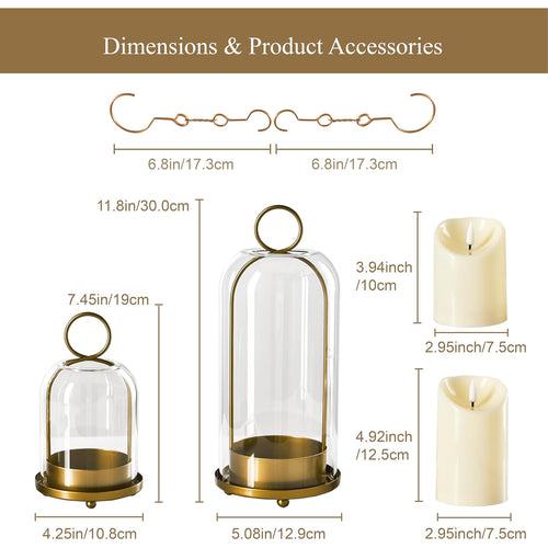 5"&4" Metal Candle Holder with Handmade Glass Dome in Brass & 2 Timer Candles, Set of 2 Versatile Hurricane Glass Candle Holders for Pillar Candles & Plants