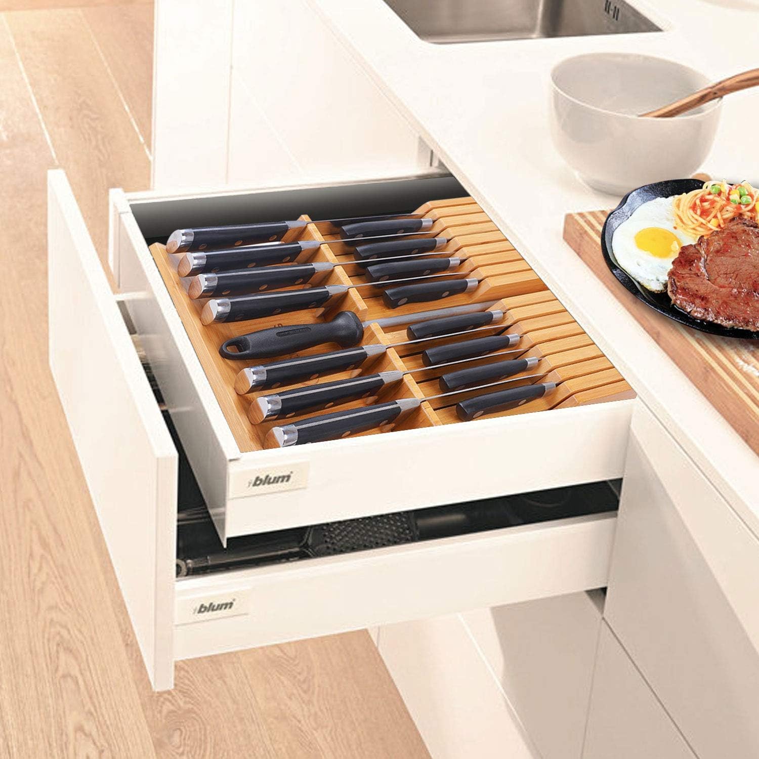 Utoplike In-Drawer Knife Block Bamboo Kitchen Knife Drawer Organizer Large, Handle Steak Knife Holder Without Knives, Fit For 16 Knife And 1 Sharpening Steel (Knives & Sharpening Not Included)