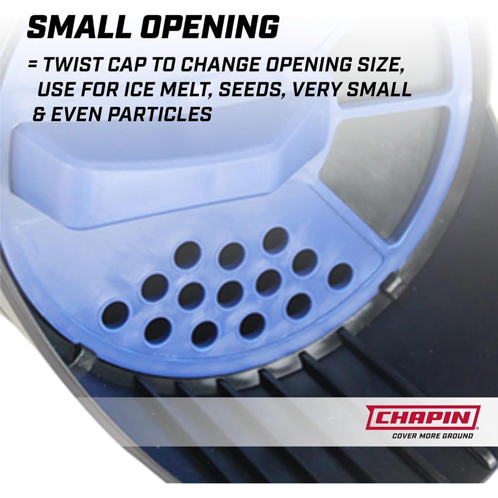 Chapin 8740A: 64-Ounce Black Poly Hand Shaker Spreader For Turf, Fertilizer, Grass Seed, Salt And Sand, Year-Round Use, Large Grip Handle With 3 Openings For Pellets And Particles