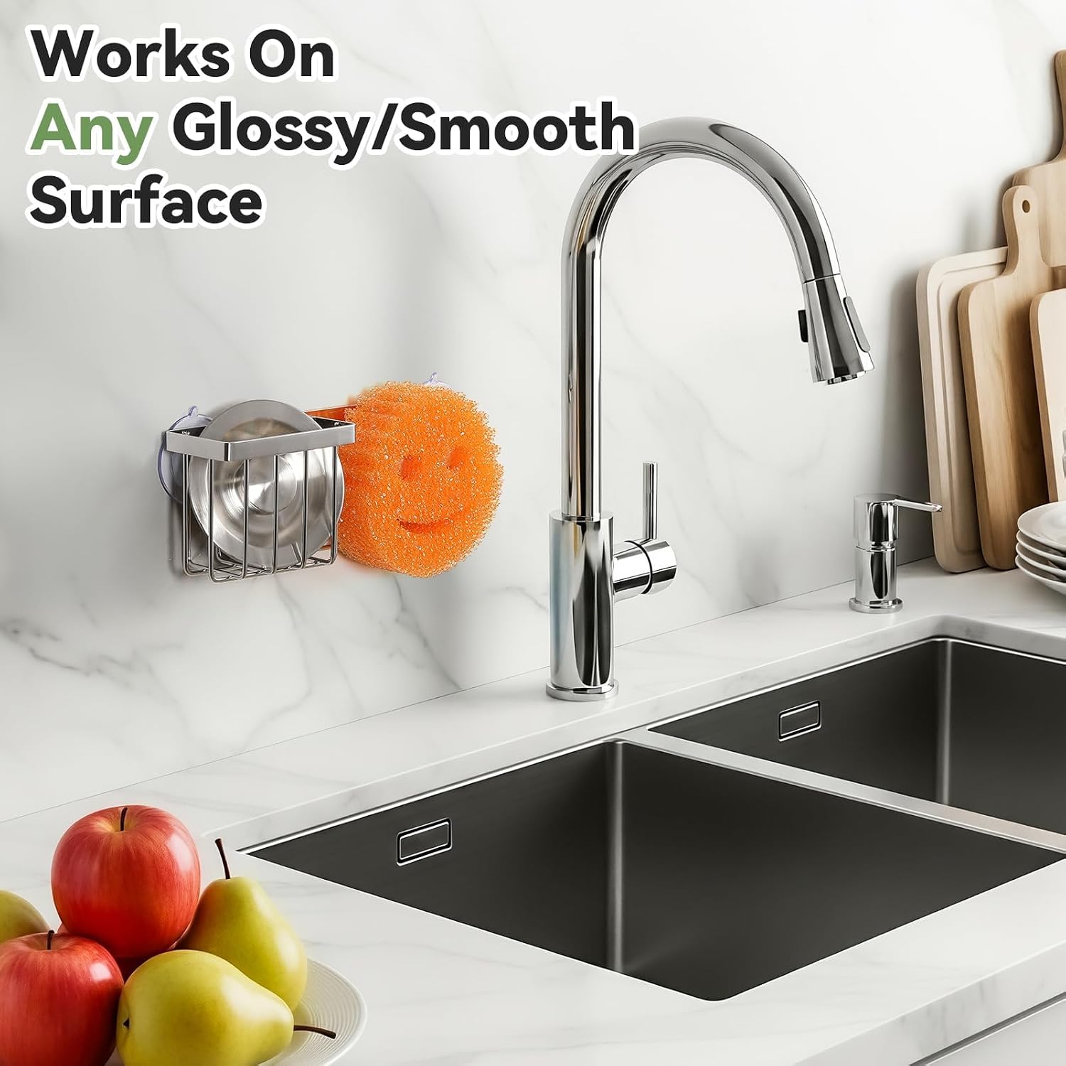 [Space Saving] Sponge Holder For Kitchen Sink, Great For Scrub Daddy / Scrub Mommy Sponges, Rust-Proof Sink Sponge Caddy Organizer For Dish Brush, Scrubber - 2 Mounting Options (Suction Cups & Hooks)