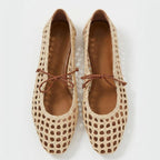 Women Woven Mesh Ballet Flats Raffia Lace Up Ballerina Mary Jane Flats Fashion Casual Slip On Shoes