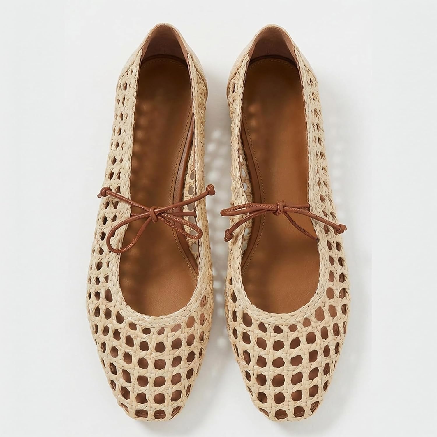 Women Woven Mesh Ballet Flats Raffia Lace Up Ballerina Mary Jane Flats Fashion Casual Slip On Shoes