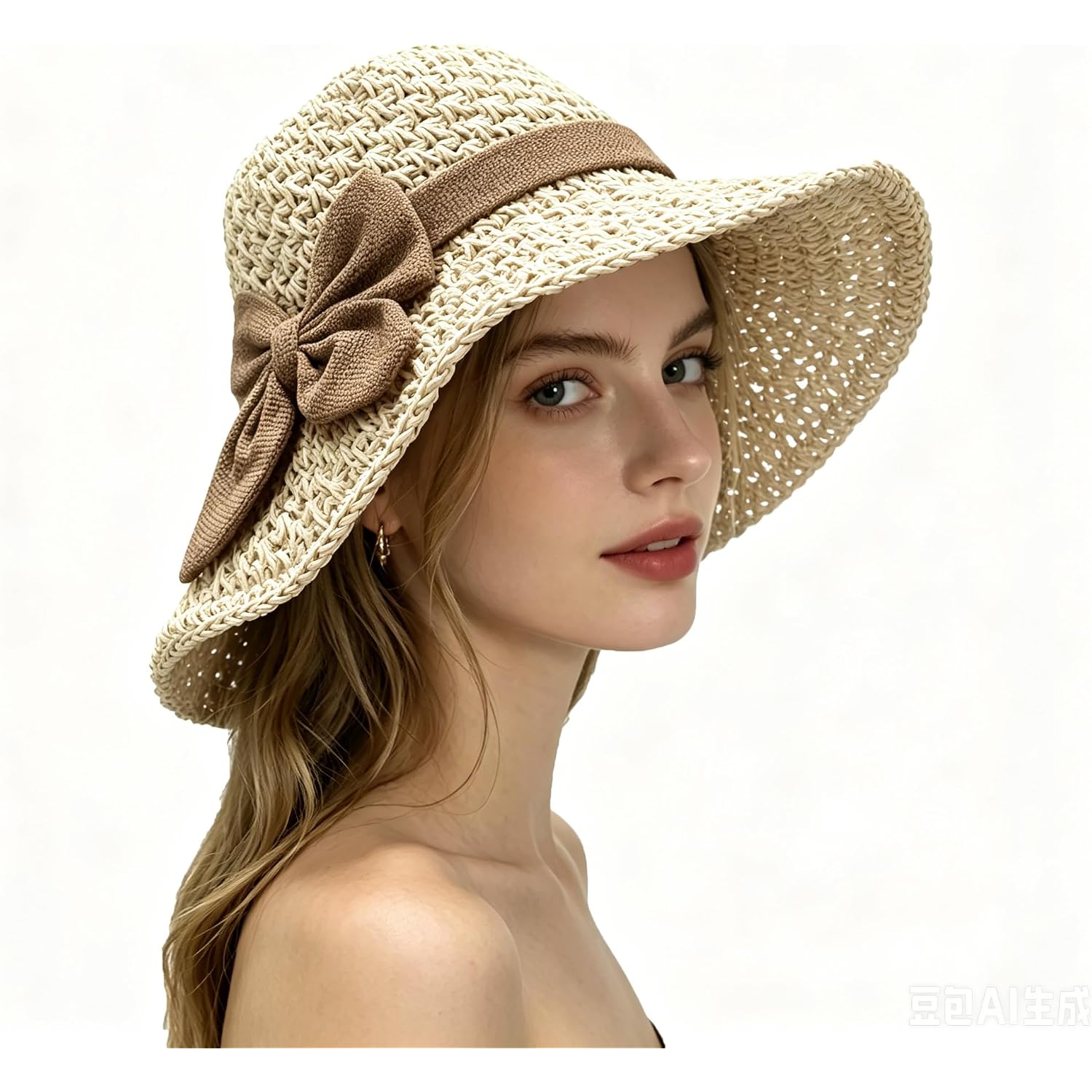 Purfun Women Vintage Bowknot Straw Hats Flower Shape Cloche Hat Anti-Uv Floppy Sun Hats Bucket Hat Roll Up Travel Beach Caps