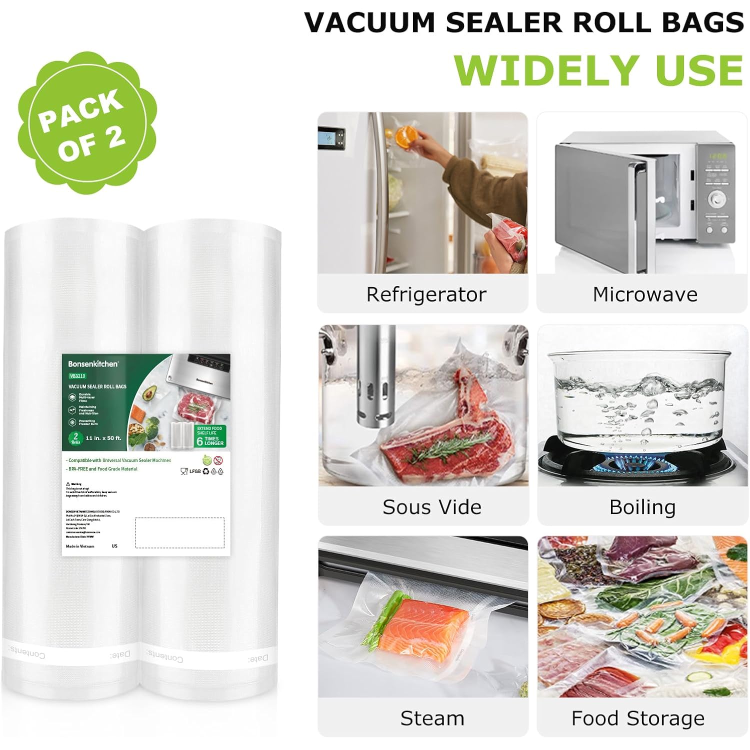 Bonsenkitchen Vacuum Sealer Bags, 11 in x 50 ft Rolls 2 Pack Seal Bags for Food Storage Saver, BPA Free, Commercial Grade Textured Food Roll Bags, Customized Size Bag for Sous Vide Cooking,VB3210