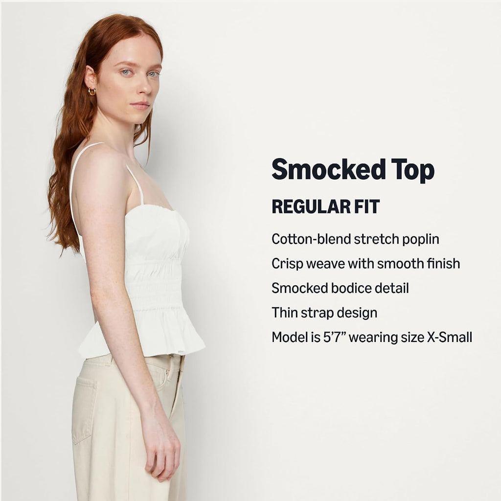 Amazon Essentials Women'S Regular-Fit Smocked Cotton Stretch Poplin Tank