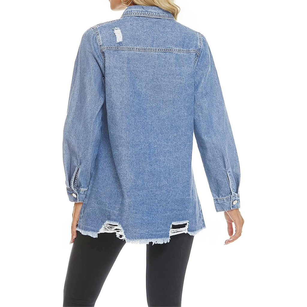 Scofeel Women Denim Shirt Jacket Long Sleeve Button Shacket Coat Distressed Washed Ripped Frayed Hem Jean Jacket