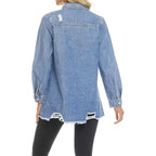 Scofeel Women Denim Shirt Jacket Long Sleeve Button Shacket Coat Distressed Washed Ripped Frayed Hem Jean Jacket