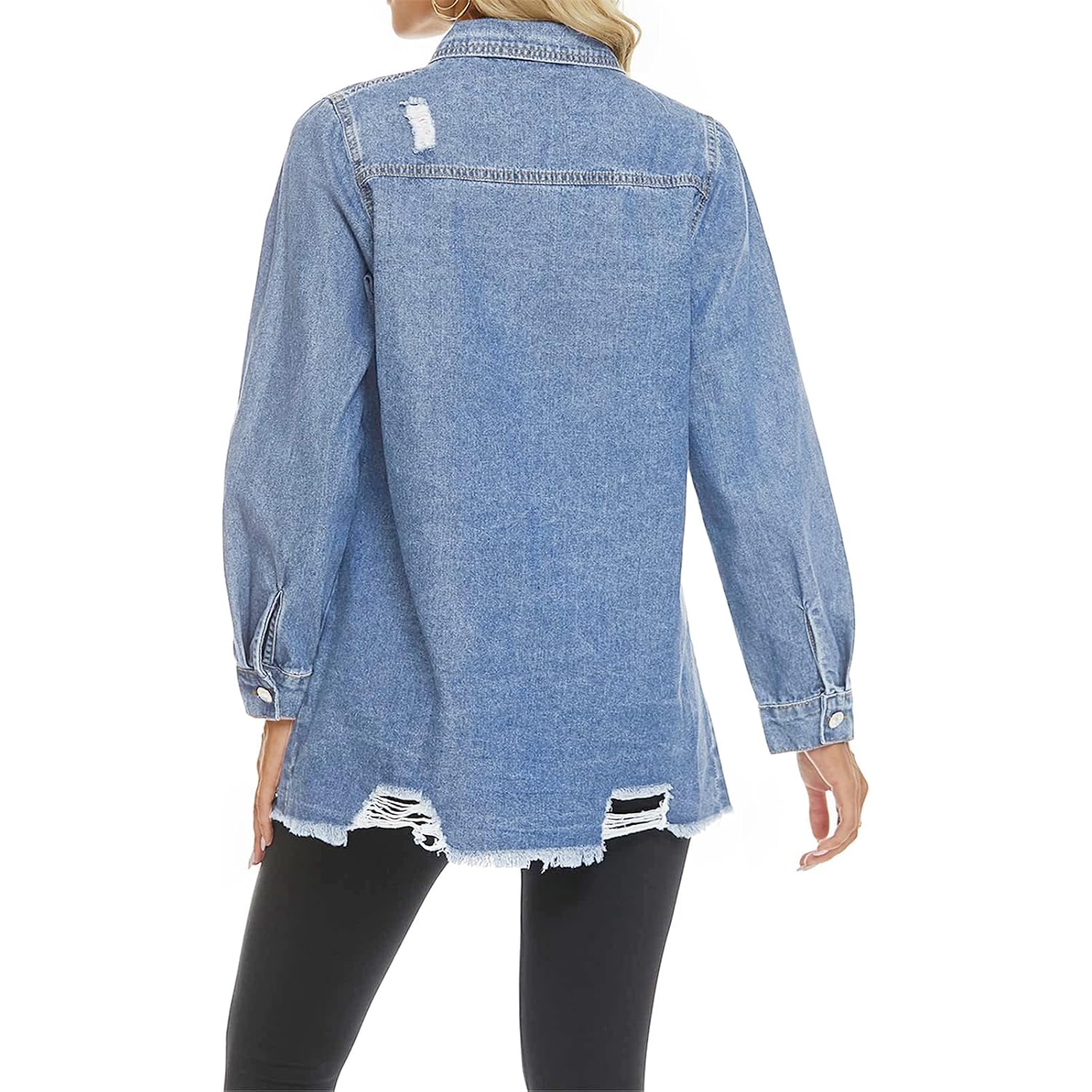 Scofeel Women Denim Shirt Jacket Long Sleeve Button Shacket Coat Distressed Washed Ripped Frayed Hem Jean Jacket