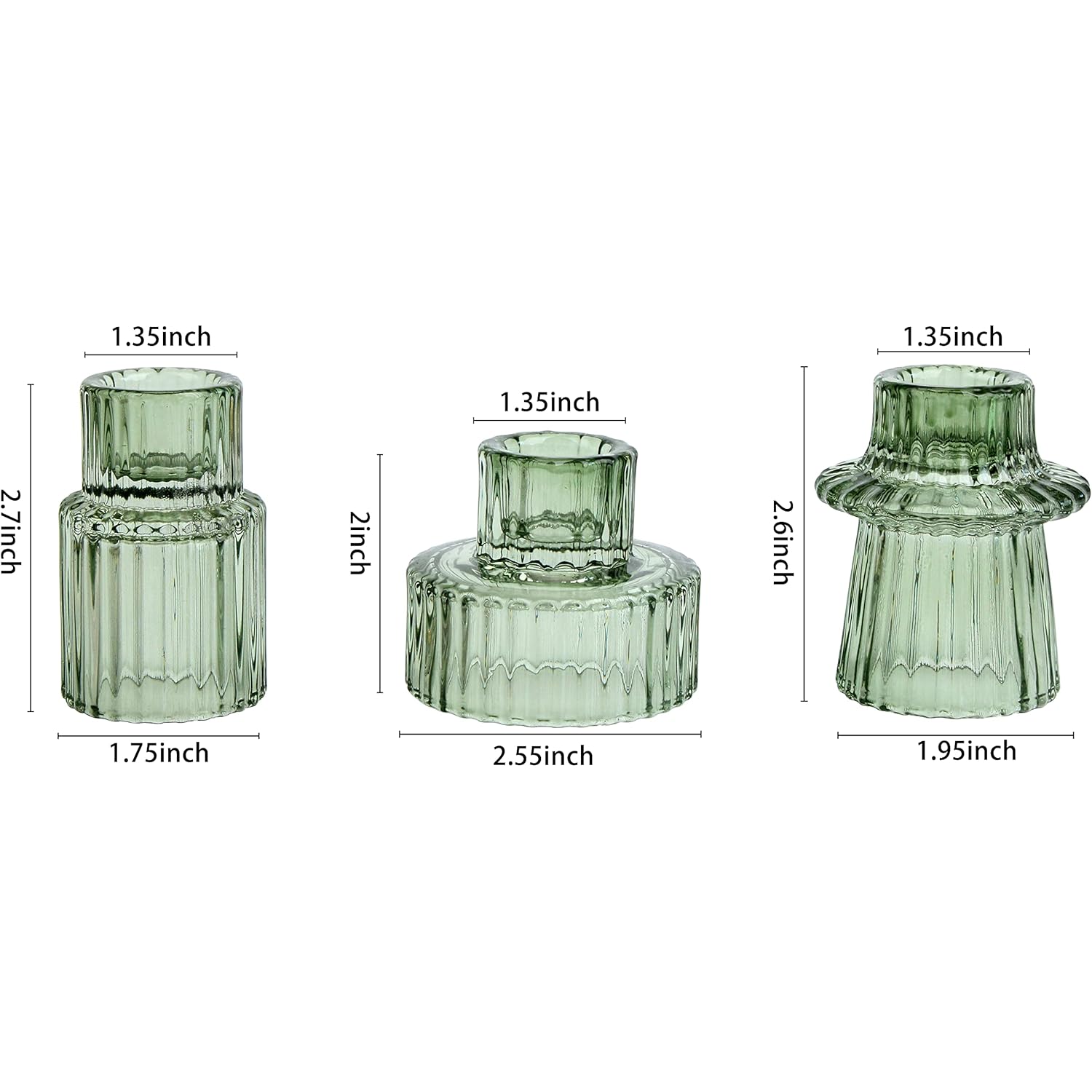 Vixdonos Taper Glass Candlestick Holders Tealight Candle Holders for Table Centerpieces, Wedding Decor and Dinner Party (3 Pcs, Green)