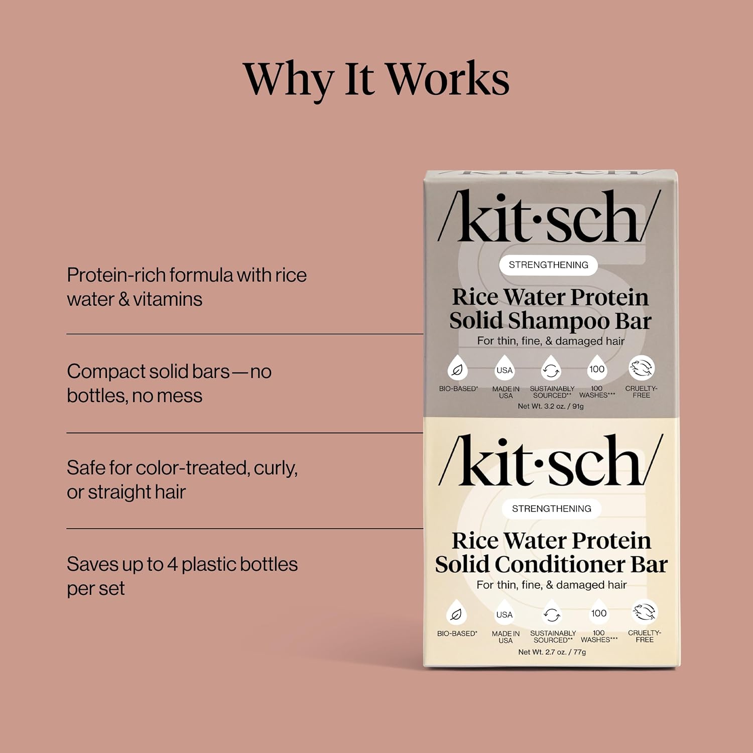 Kitsch Rice Water Protein Solid Shampoo And Conditioner Set For Hair Growth – Strengthening Hair Care Duo W/Rice Protein & Vitamins For Damage Repair – Paraben, Sulfate & Silicone Free, Made In Usa
