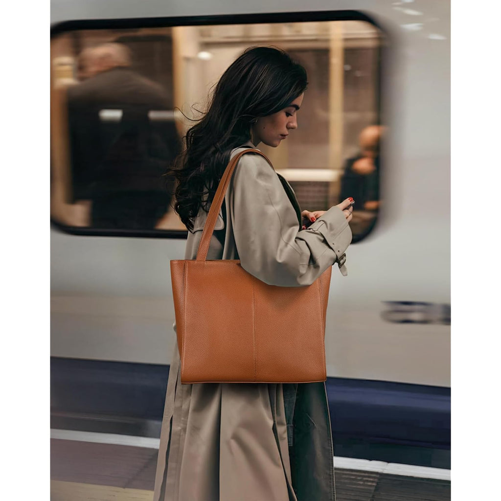befen Genuine Leather Zipper Tote Bag for Women Work with Laptop Compartment, Women's Leather Shoulder Purse Satchel Handbags